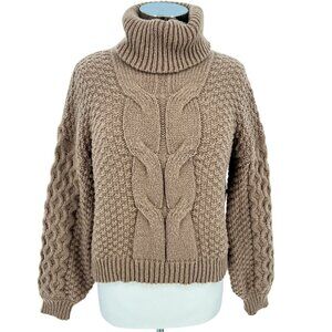 Woven Heart Chunky Cable Knit Turtleneck Sweater Brown Size Small